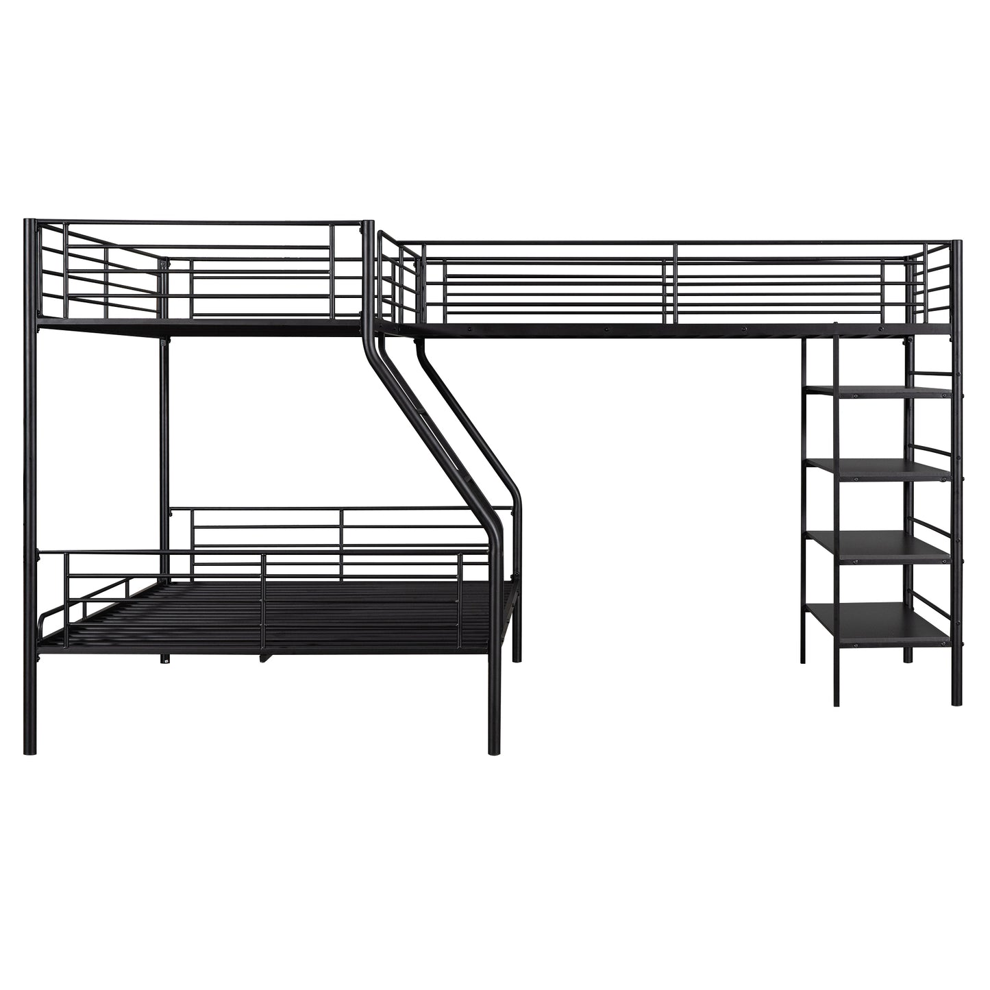 L-Shaped Metal Twin over Full Bunk Bed and Twin Size Loft Bed with Four Built-in Shelves,Black