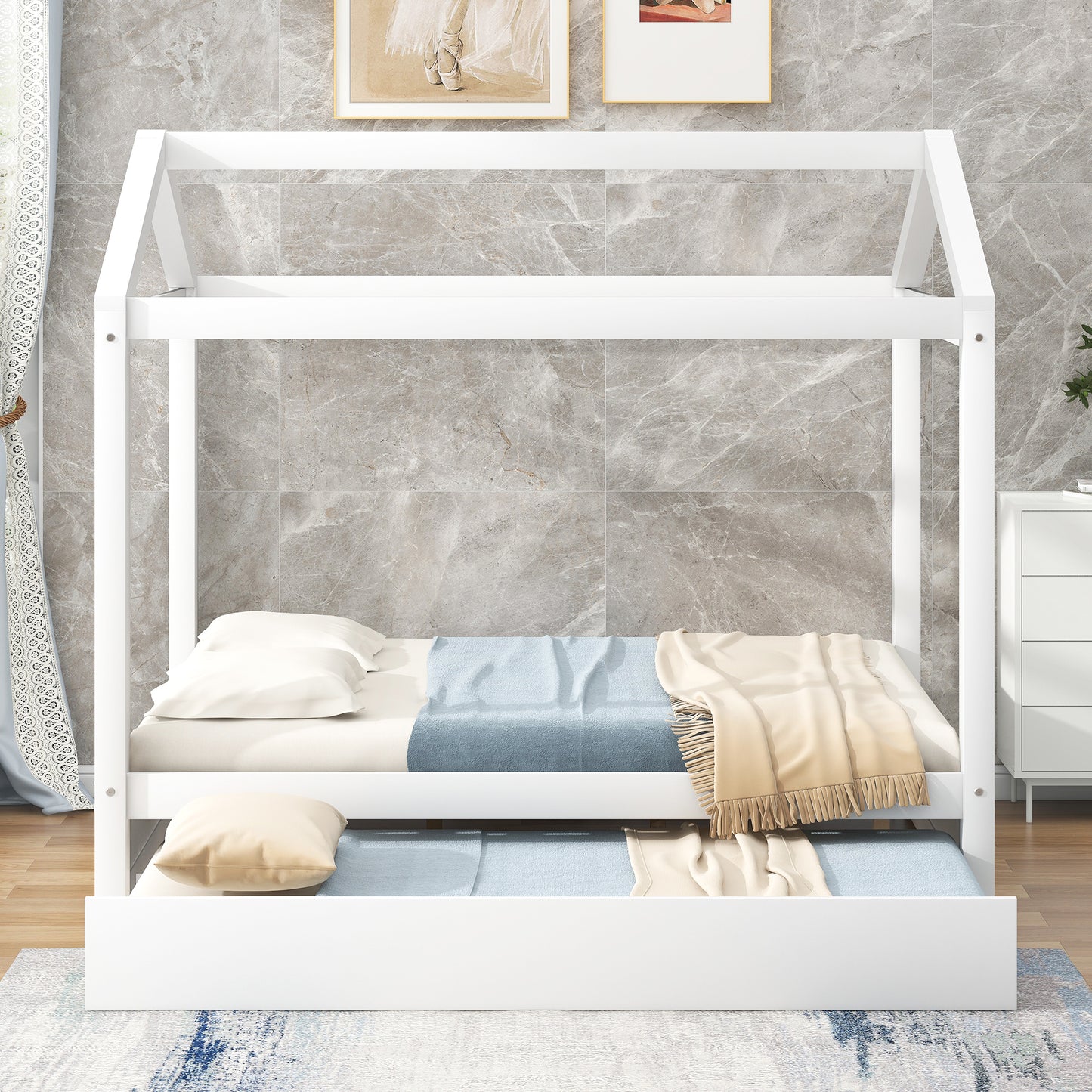 Full Size House Bed with Trundle,Support Legs,White