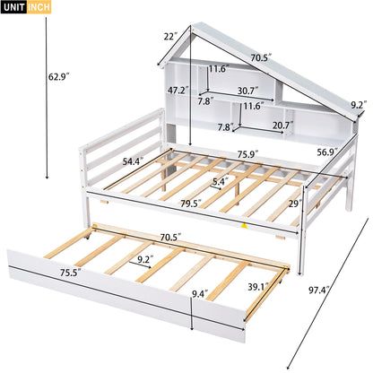 Full Size Platform Bed with Trundle and Shelves, White