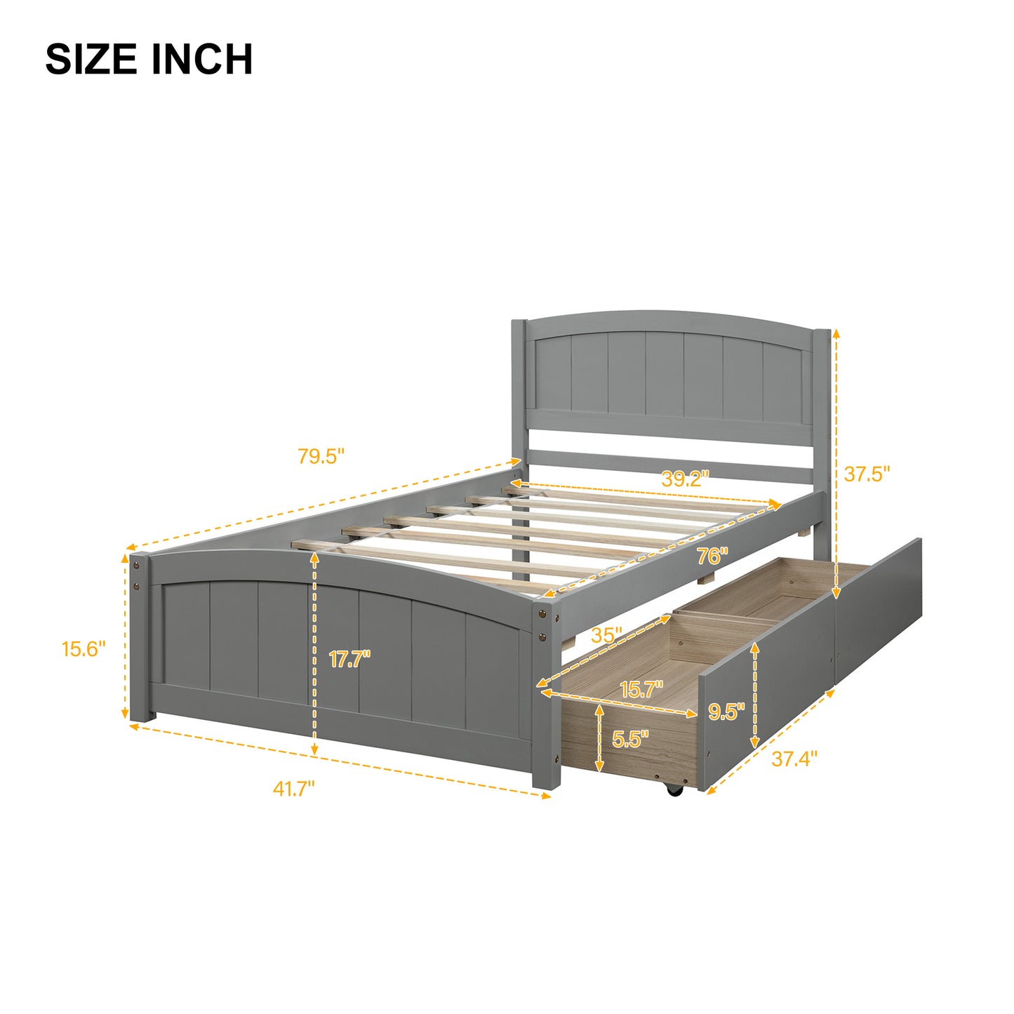 Twin size Platform Bed with Two Drawers, Gray