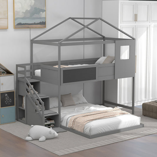 Twin over Full House Bunk Bed with Storage Staircase and Blackboard,Grey