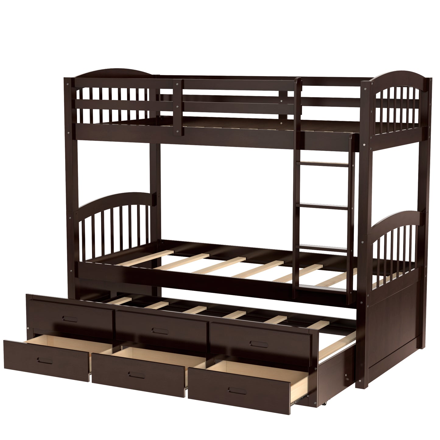 Twin over Twin Wood Bunk Bed with Trundle and Drawers, Espresso