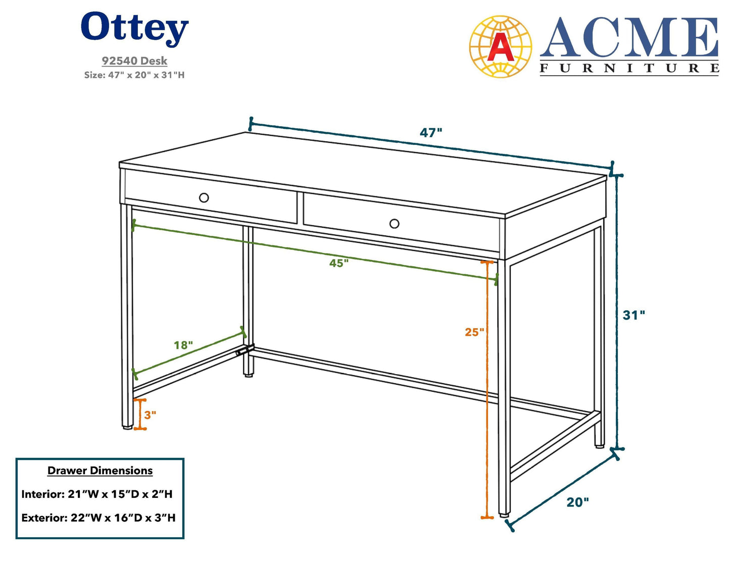 ACME Ottey Desk in White High Gloss & Gold 92540