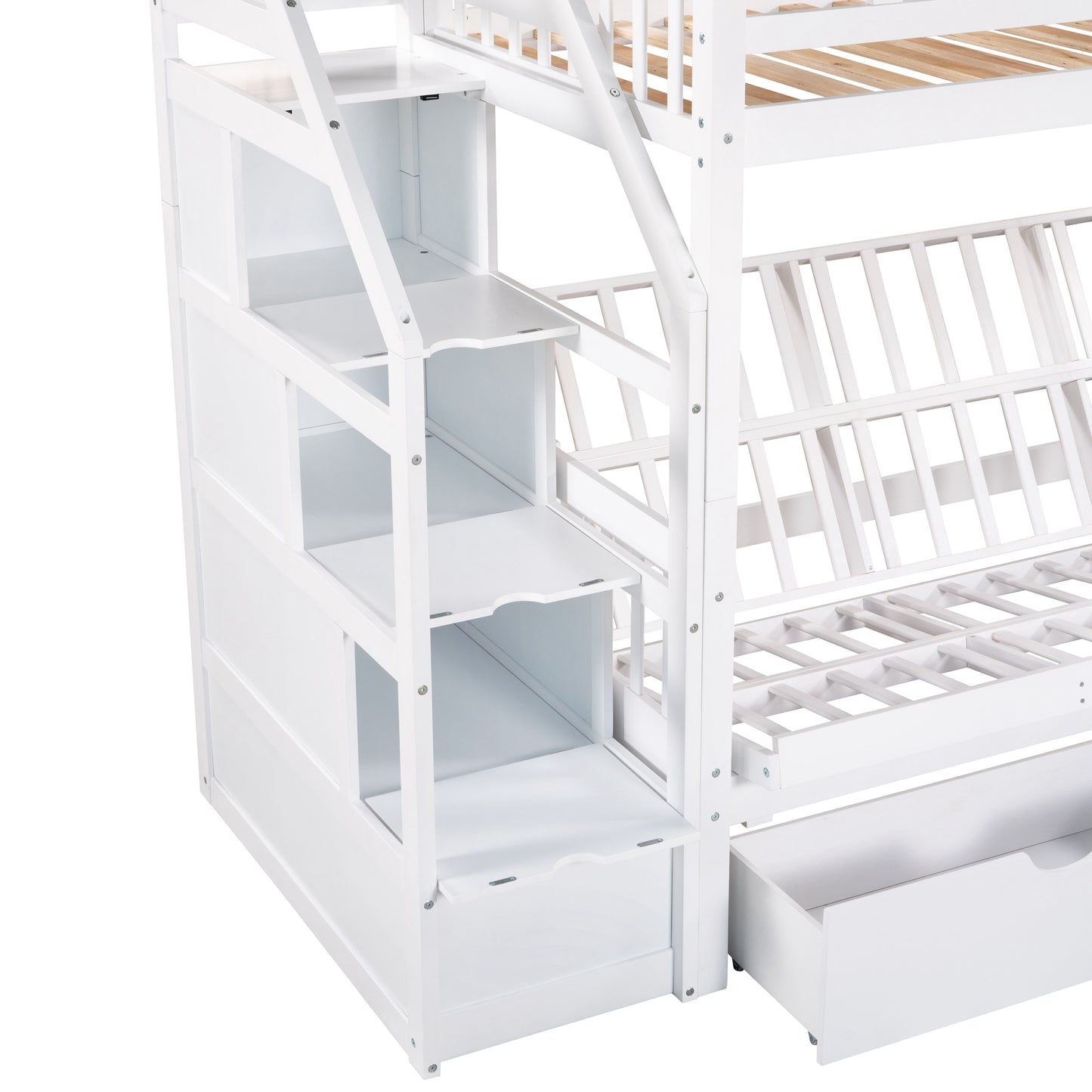 Twin over Full Bunk Bed with Two Drawers and Staircase, Down Bed can be Converted into Daybed,White