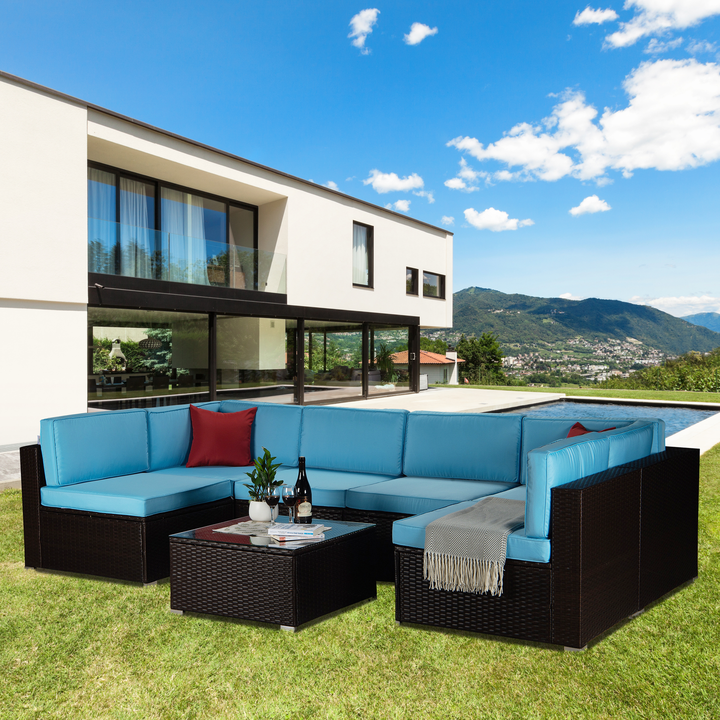 Outdoor Garden Patio Furniture 7-Piece Brown PE Rattan Wicker Sectional Blue Cushioned Sofa Sets with 2 Red Pillows