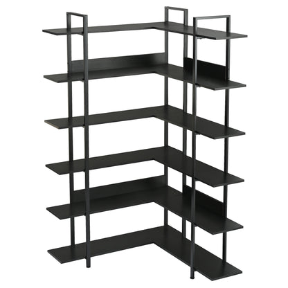 74.8 Inch Bookshelf L-shape MDF Boards Stainless Steel Frame Corner 6-tier Shelves Adjustable Foot Pads, Black