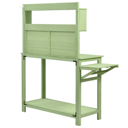 TOPMAX 65inch Garden Wood Workstation Backyard Potting Bench Table with Shelves, Side Hook and Foldable Side Table,Green