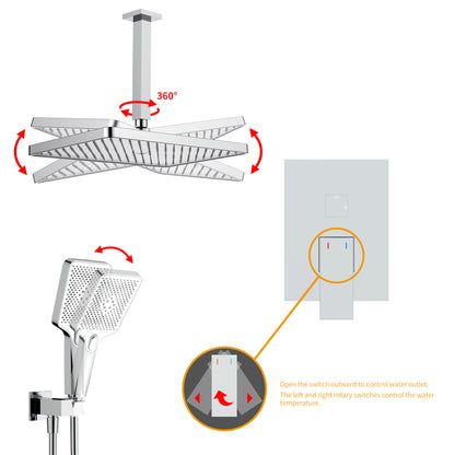 Shower System, Ultra-thin Wall Mounted Shower Faucet Set for Bathroom with High Pressure Big Size Stainless Steel Rain Shower head Handheld Shower Set, 12 inch square large panel, Chrome