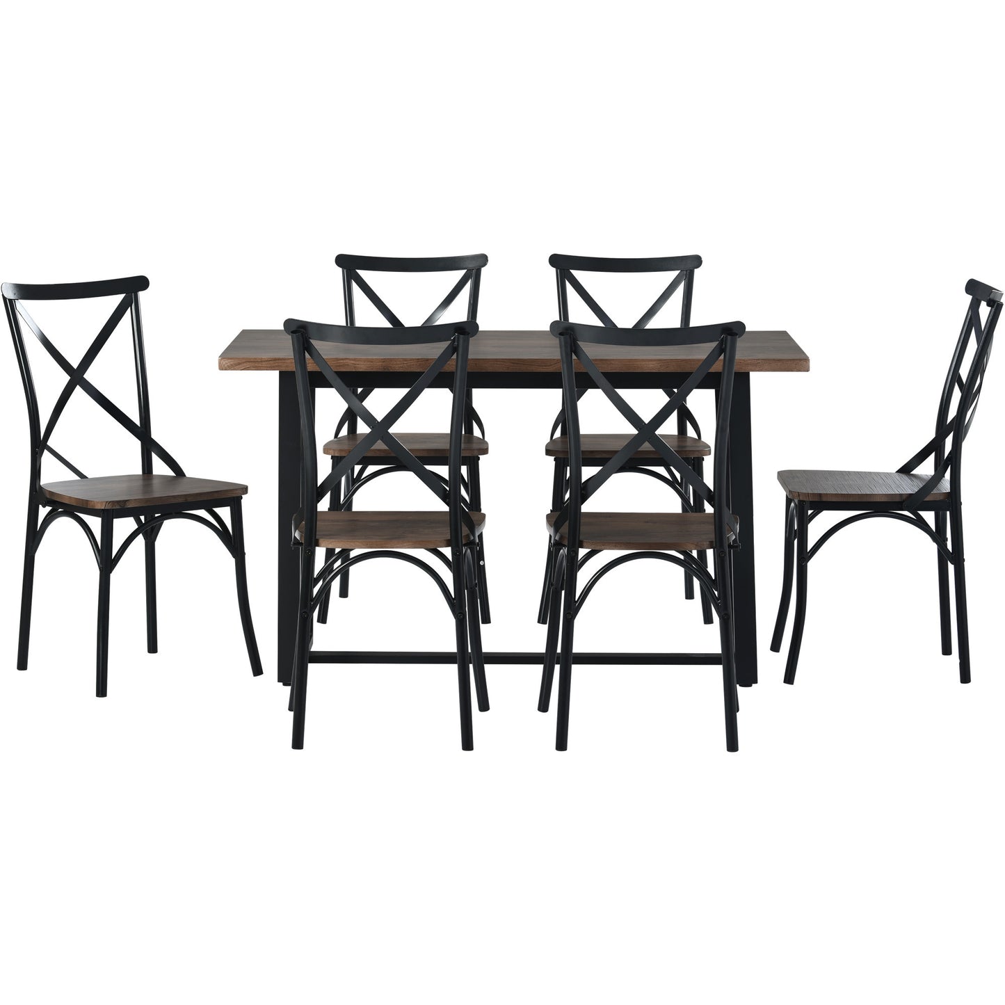 TREXM 7 Piece Industrial Dining Table Set Rectangular Table with 6 Dining Chairs Kitchen Table Set with Metal Frame (Rustic Brown)