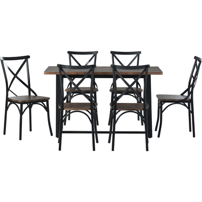 TREXM 7 Piece Industrial Dining Table Set Rectangular Table with 6 Dining Chairs Kitchen Table Set with Metal Frame (Rustic Brown)