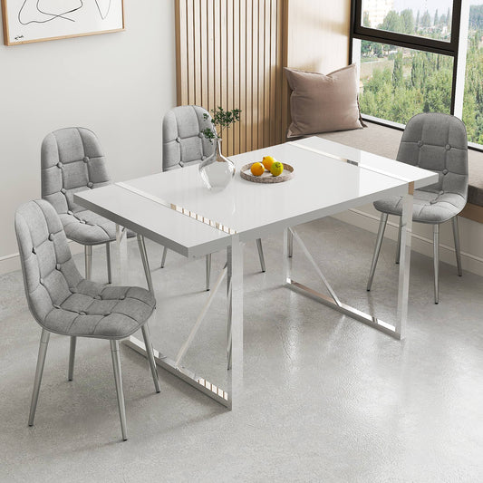 Dining Chairs Set of 4 with Inset Buttons Chrome Metal Legs and 63 inches White MDF stainless steel leg table