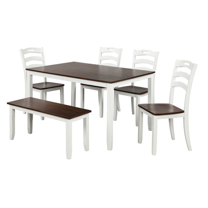 TOPMAX 6 Piece Dining Table Set with Bench, Table Set with Waterproof Coat, Ivory and Cherry