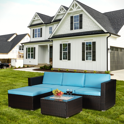 Outdoor Garden Patio Furniture 5-Piece Brown PE Rattan Wicker Sectional Blue Cushioned Sofa Sets