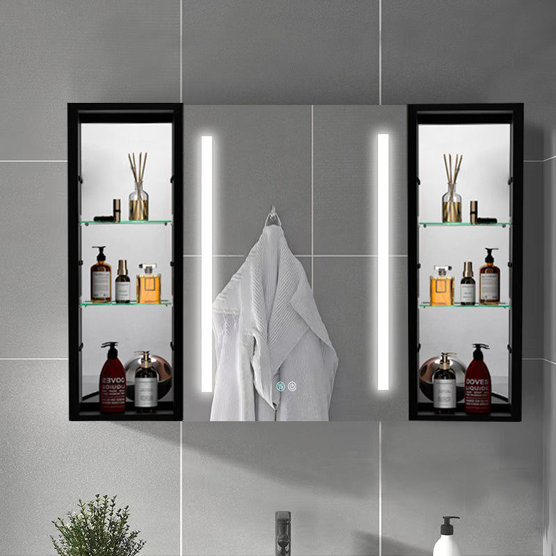 40x30 Inch LED Bathroom Medicine Cabinet Surface Mount Double Door Lighted Medicine Cabinet, Medicine Cabinets for Bathroom with Mirror Defogging, Dimmer Black