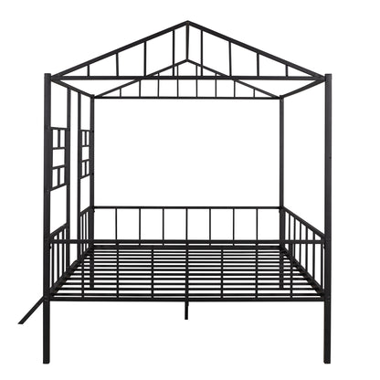 Metal House Bed Frame Full Size with Slatted Support No Box Spring Needed Black