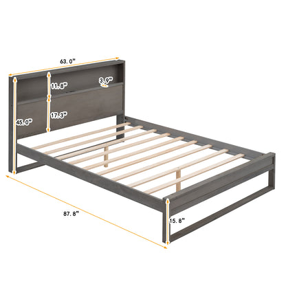 Platform Bed with Storage Headboard,Sockets and USB Ports,Queen Size Platform Bed,Antique Gray