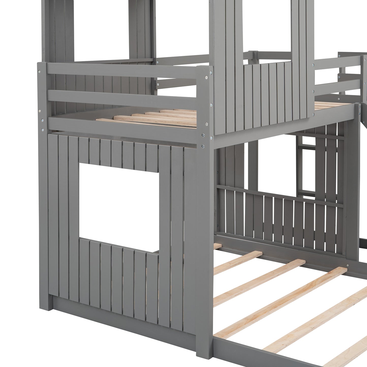 Wooden Twin Over Full Bunk Bed, Loft Bed with Playhouse, Farmhouse, Ladder, Slide and Guardrails . Gray(OLD SKU :LP000028AAN)