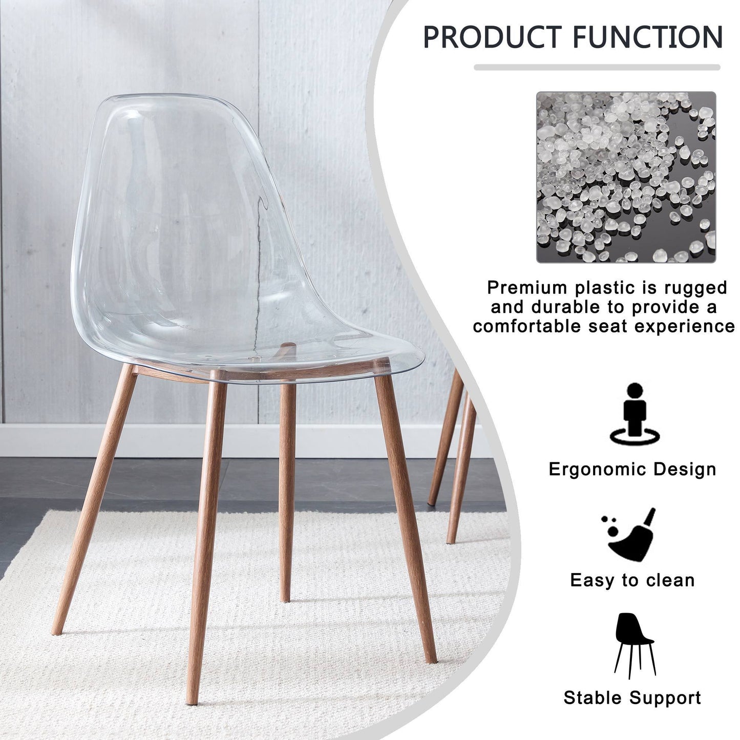 Modern simple transparent dining chair plastic chair armless crystal chair Nordic creative makeup stool negotiation chair Set of 4 and wood color metal leg