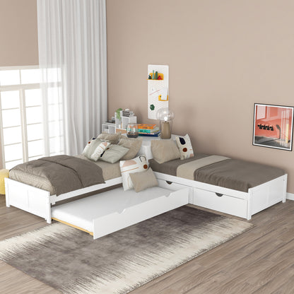 L-shaped Platform Bed with Trundle and Drawers Linked with built-in Desk,Twin,White