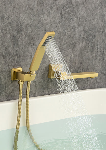 Waterfall Wall Mounted Bathtub Faucet with Hand Shower Swivel Tub Filler Faucet Single Handle Solid Brass