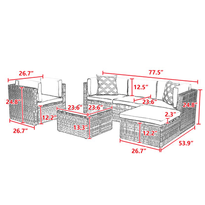 6Pcs Outdoor Garden Patio Furniture  PE Rattan Wicker  Sectional Cushioned Sofa Sets with 2 Pillows and Coffee Table