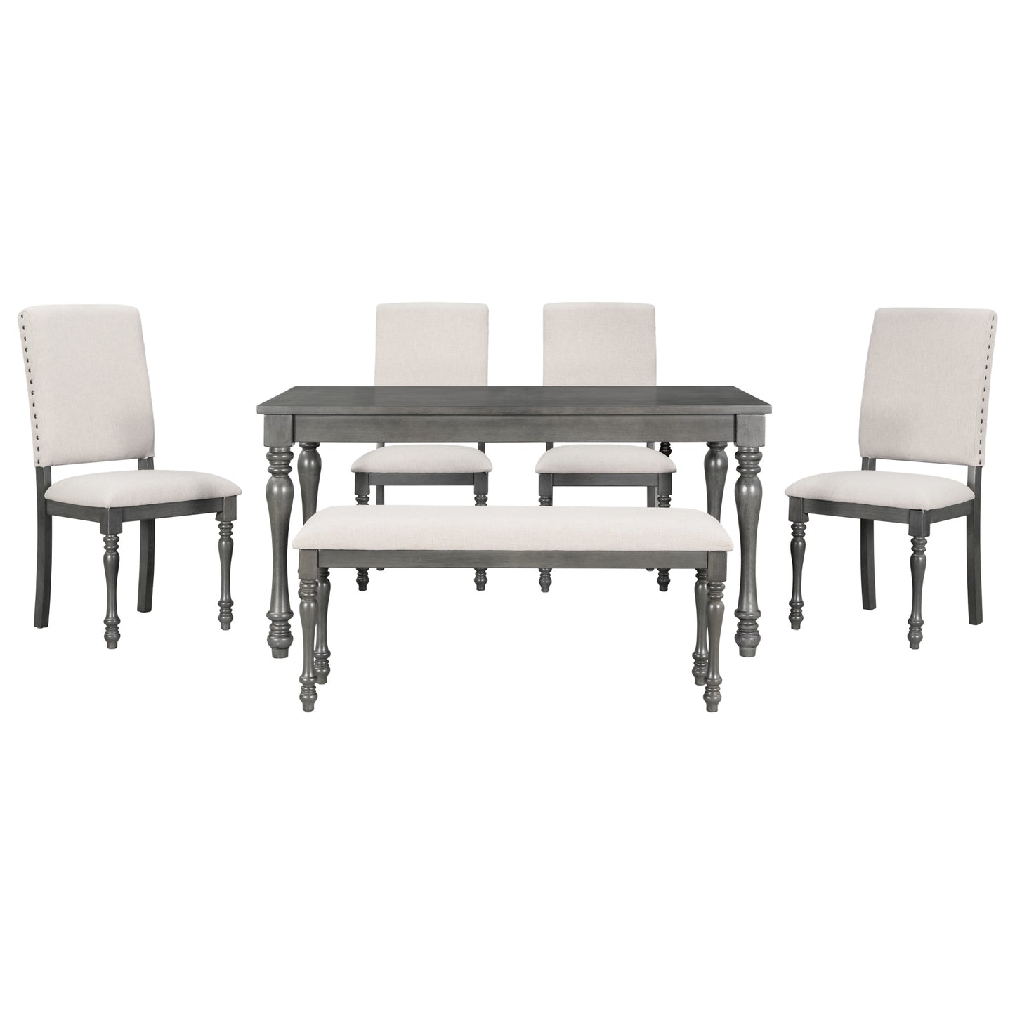 TREXM 6-Piece Wood Dining Table Set Rectangular Table with Turned Legs, 4 Upholstered Chairs and Bench for Dining Room (Gray)