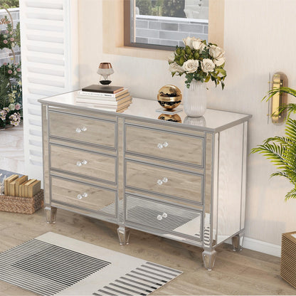 Elegant Mirrored Dresser with 6 Drawers, Modern Silver Finished Dresser 56.1“L x 18.1” W x 36.4” H for Living Room Bedroom