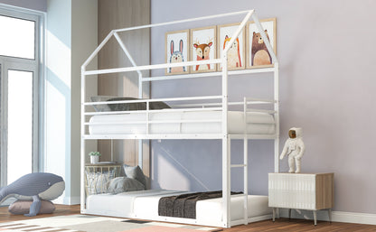 Bunk Beds for Kids Twin over Twin,House Bunk Bed Metal Bed Frame Built-in Ladder,No Box Spring Needed White