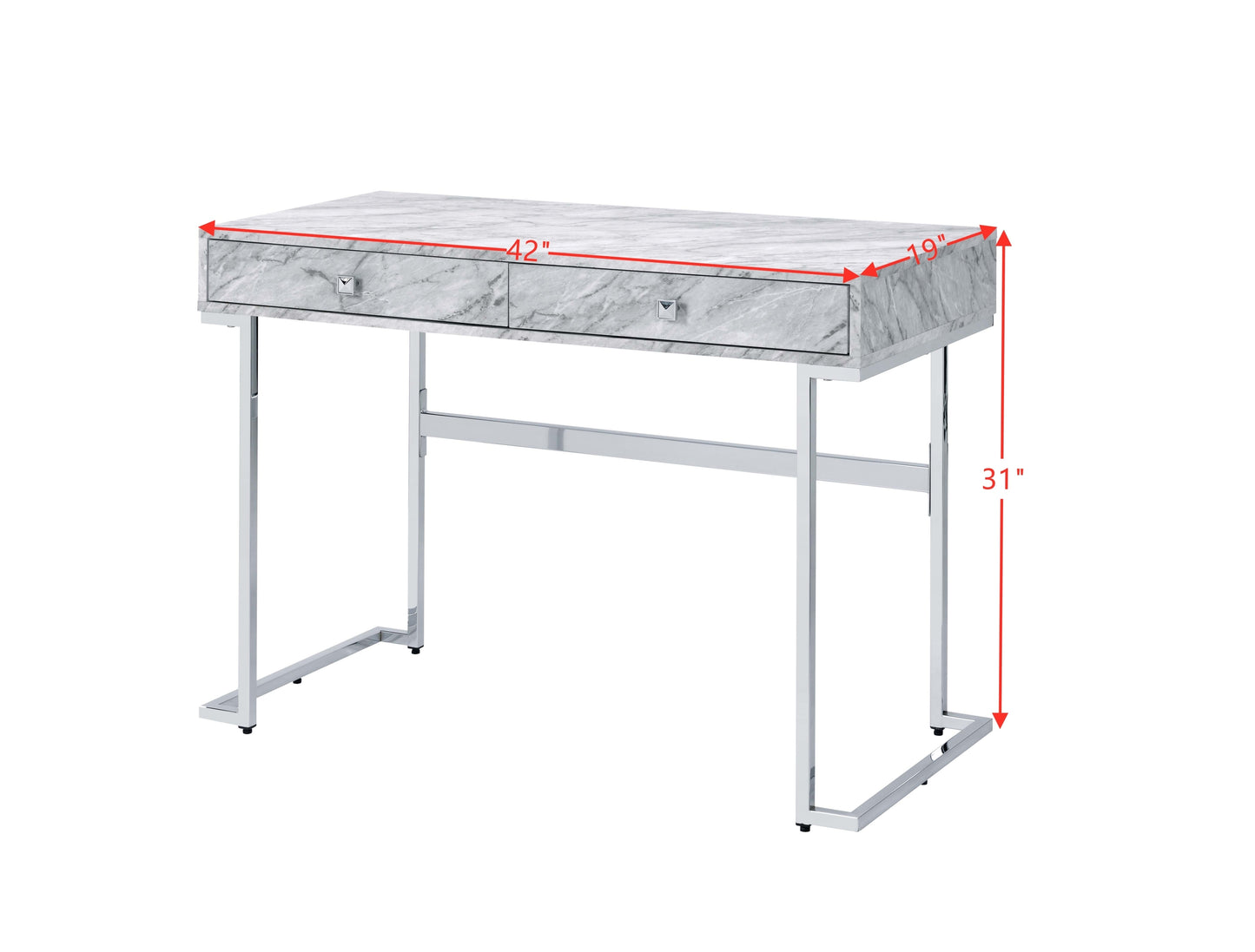 ACME Tigress Writing Desk, White Printed Faux Marble & Chrome Finish 92615