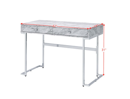 ACME Tigress Writing Desk, White Printed Faux Marble & Chrome Finish 92615