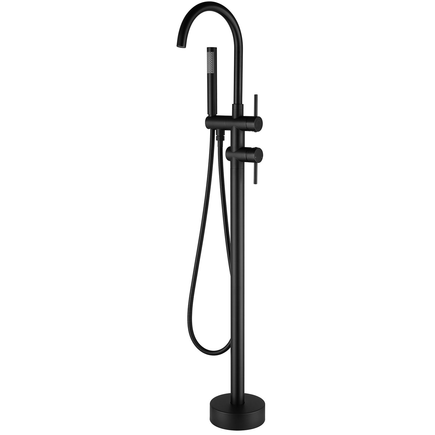 Double-Handle Freestanding Floor Mount Roman Tub Faucet Bathtub Filler with Hand Shower in Matte Black