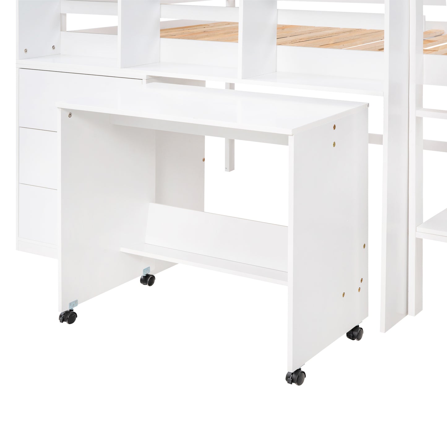 Full Size Low Loft Bed with Rolling Portable Desk, Drawers and Shelves,  White