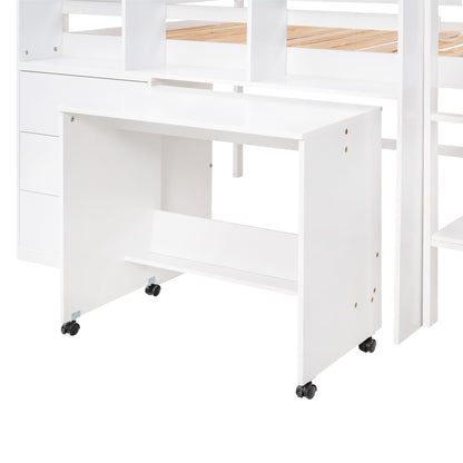 Full Size Low Loft Bed with Rolling Portable Desk, Drawers and Shelves,  White