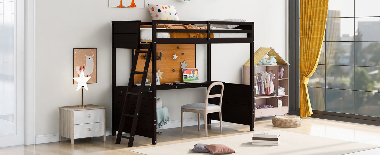 Twin size Loft Bed with Desk and Writing Board, Wooden Loft Bed with Desk - Espresso