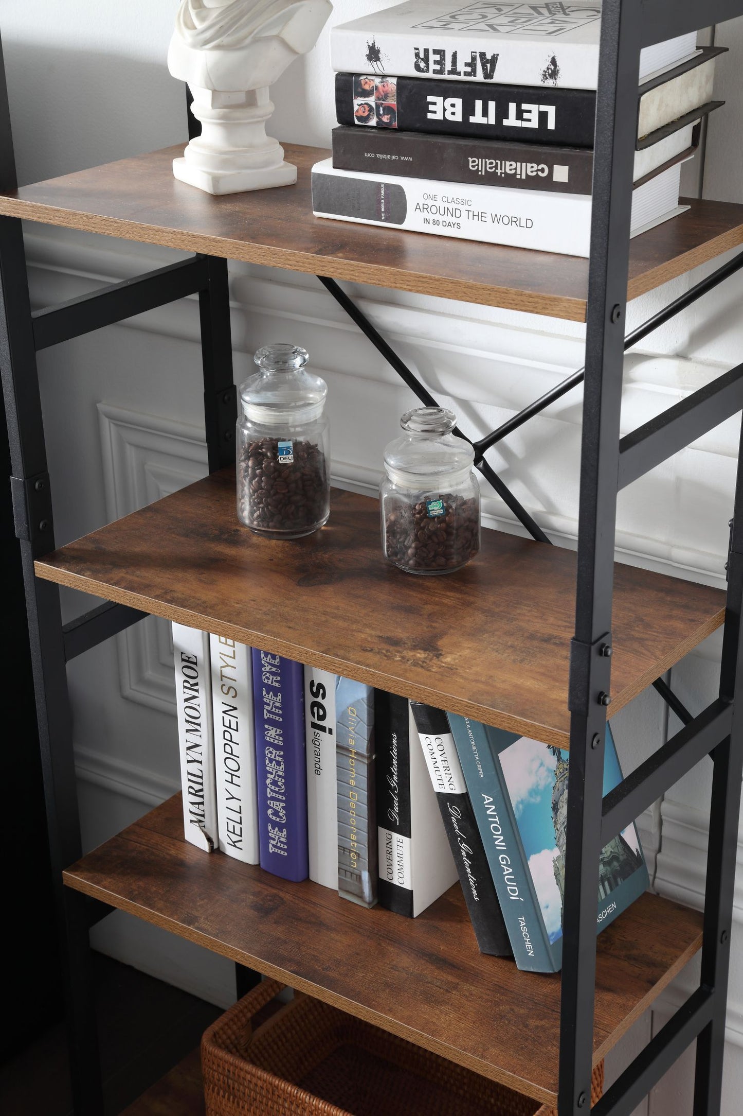 Ladder Shelf Bookcase 5 Tiers | Bookshelf with Open Storage, Metal Frame with Wood Board | Rustic + Black