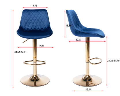 Set of 2  Bar Stools,with Chrome Footrest and Base Swivel Height Adjustable Mechanical Lifting Velvet + Golden Leg Simple Bar Stool-blue