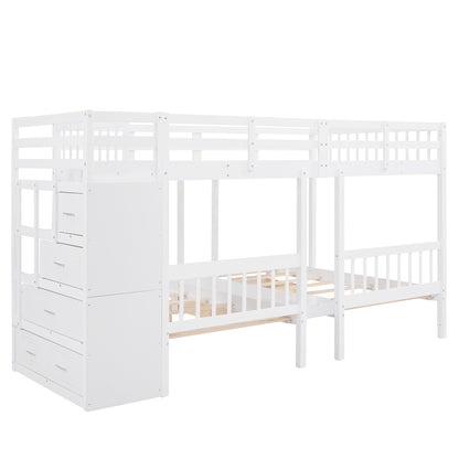 Full Over Twin & Twin Bunk Bed, Wood Triple Bunk Bed with Drawers and Guardrails (White)