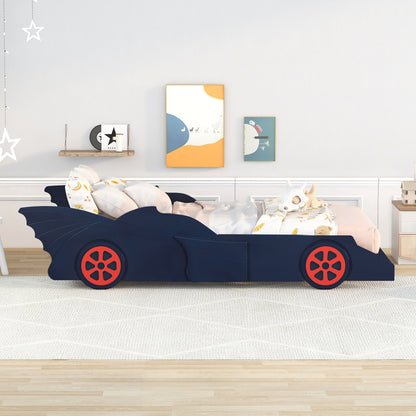 Twin Size Race Car-Shaped Platform Bed with Wheels,Blue+Red