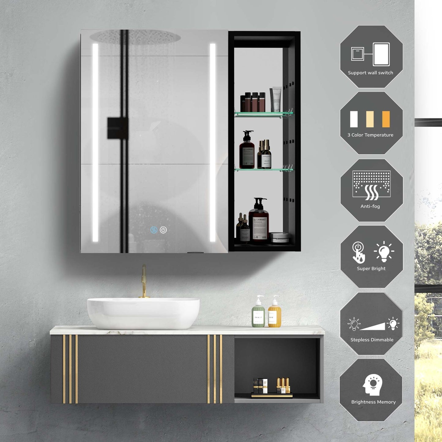 30x30 Inch Bathroom Medicine Cabinets Surface Mounted Cabinets With Lighted Mirror Left Defogging, Small Cabinet No Door