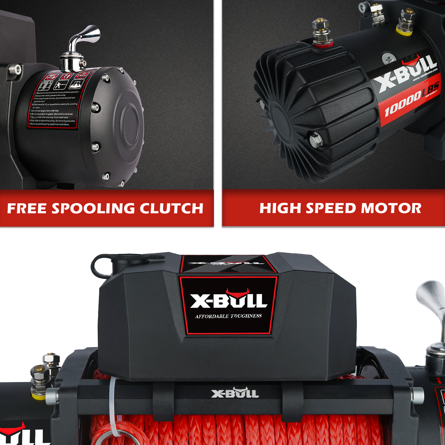 X-BULL Electric Winch 10000 LBS 12V Synthetic Rope Load Capacity Red Rope Jeep Towing Truck Off Road