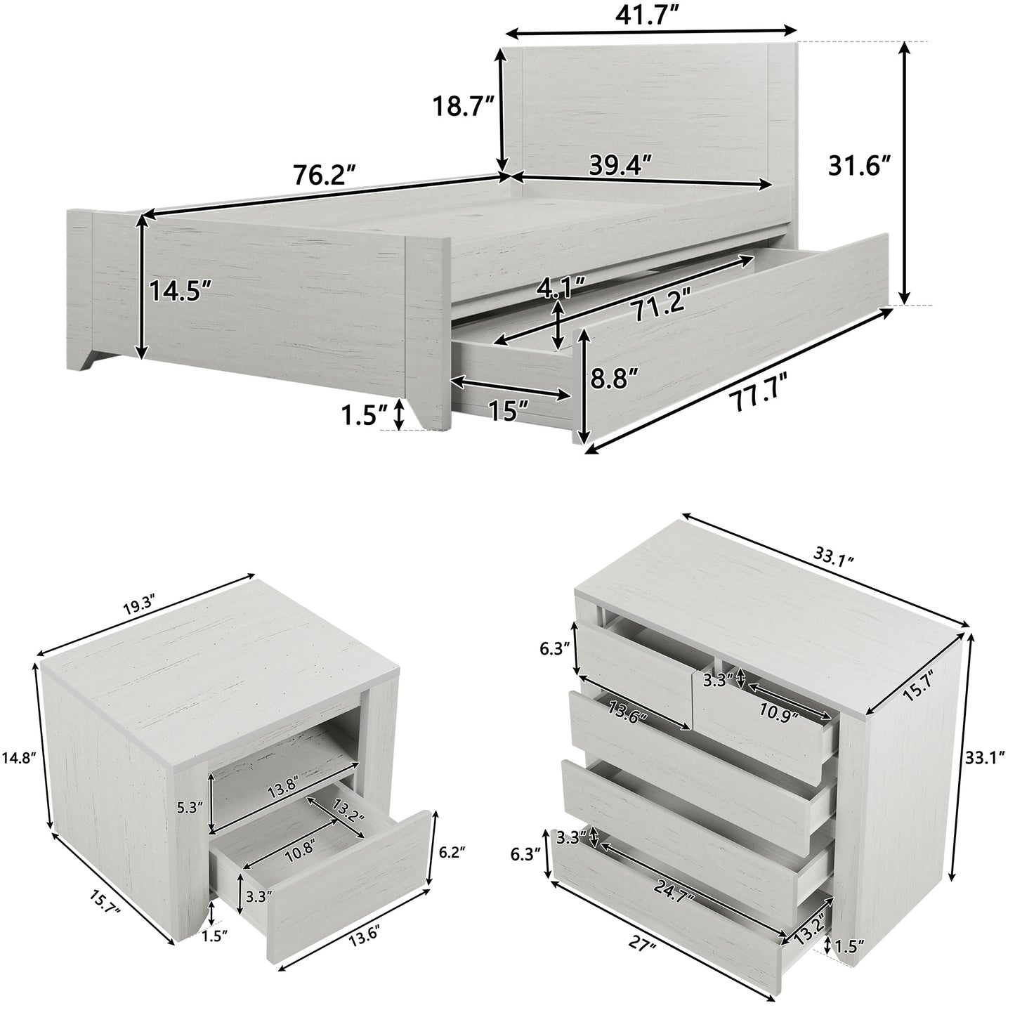 3 Pieces Off White Simple Style Manufacture Wood Bedroom Sets with Twin bed, Nightstand and Chest