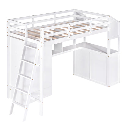 Twin Size Loft Bed with Wardrobe and Drawers, attached Desk with Shelves, White