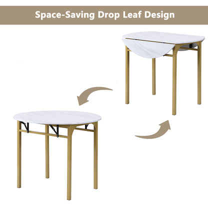 TOPMAX Modern 3-Piece Round Dining Table Set with Drop Leaf and 2 Chairs for Small Places,Golden Frame+Faux White Granite Finish