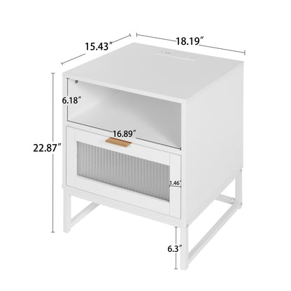 Nightstand with  LED Lights / Drawer, White Bedside Table for Bedroom