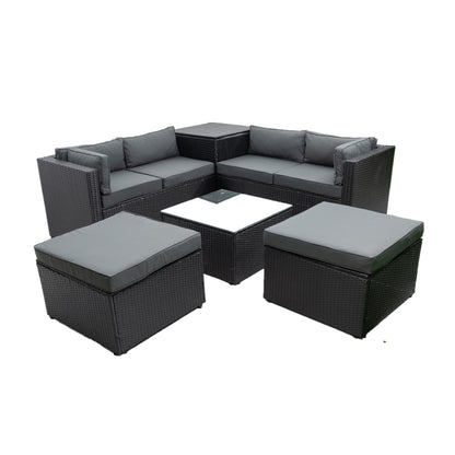 6 Piece Patio Rattan Wicker Outdoor Furniture Conversation Sofa Set with Storage Box Removeable Cushions and Temper glass TableTop