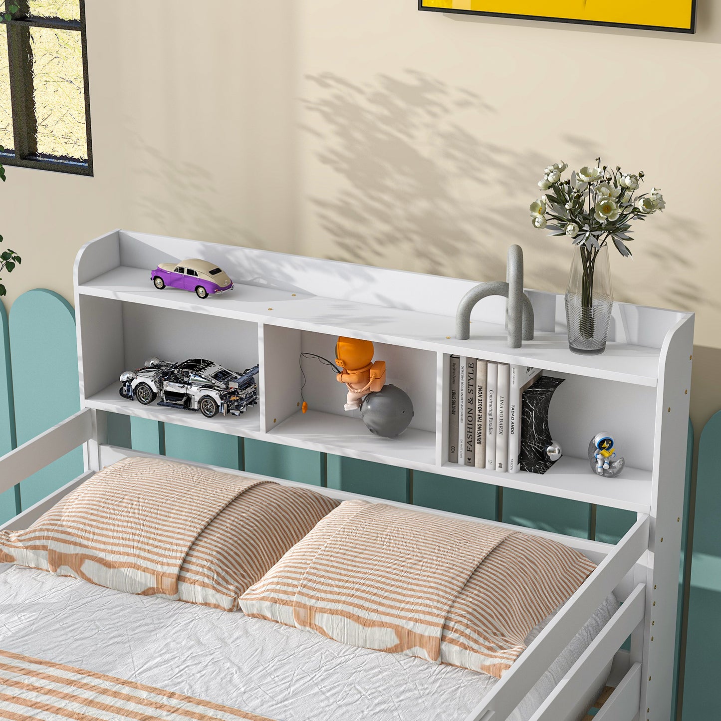 Full Over Full Bunk Beds with Bookcase Headboard, Solid Wood Bed Frame with Safety Rail and Ladder, Kids/Teens Bedroom, Guest Room Furniture, Can Be converted into 2 Beds, White