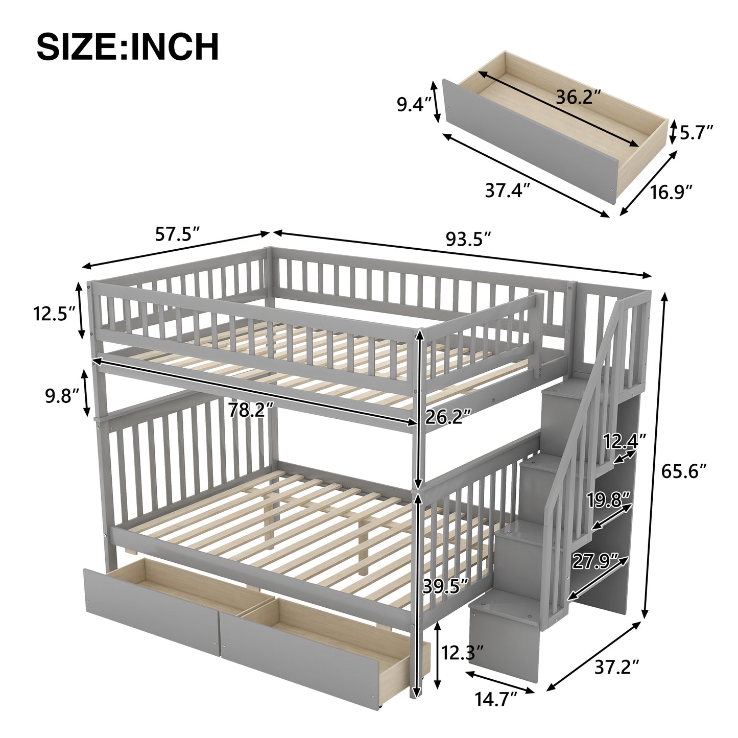 Full over Full Bunk Bed with Two Drawers and Storage, Gray