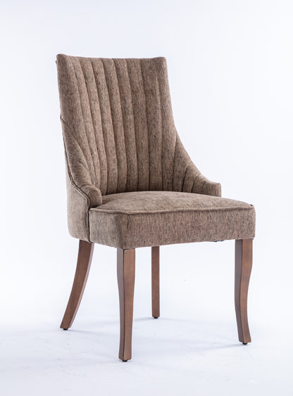 Exquisite Brown Linen Fabric Upholstered Strip Back Dining Chair with Solid Wood Legs 2 Pcs