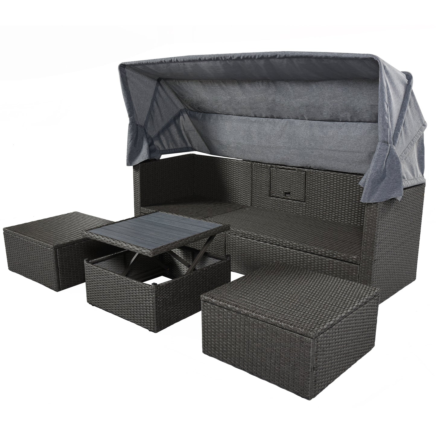 U_Style Outdoor Patio Rectangle Daybed with Retractable Canopy,  Wicker Furniture Sectional Seating with Washable Cushions, Backyard, Porch