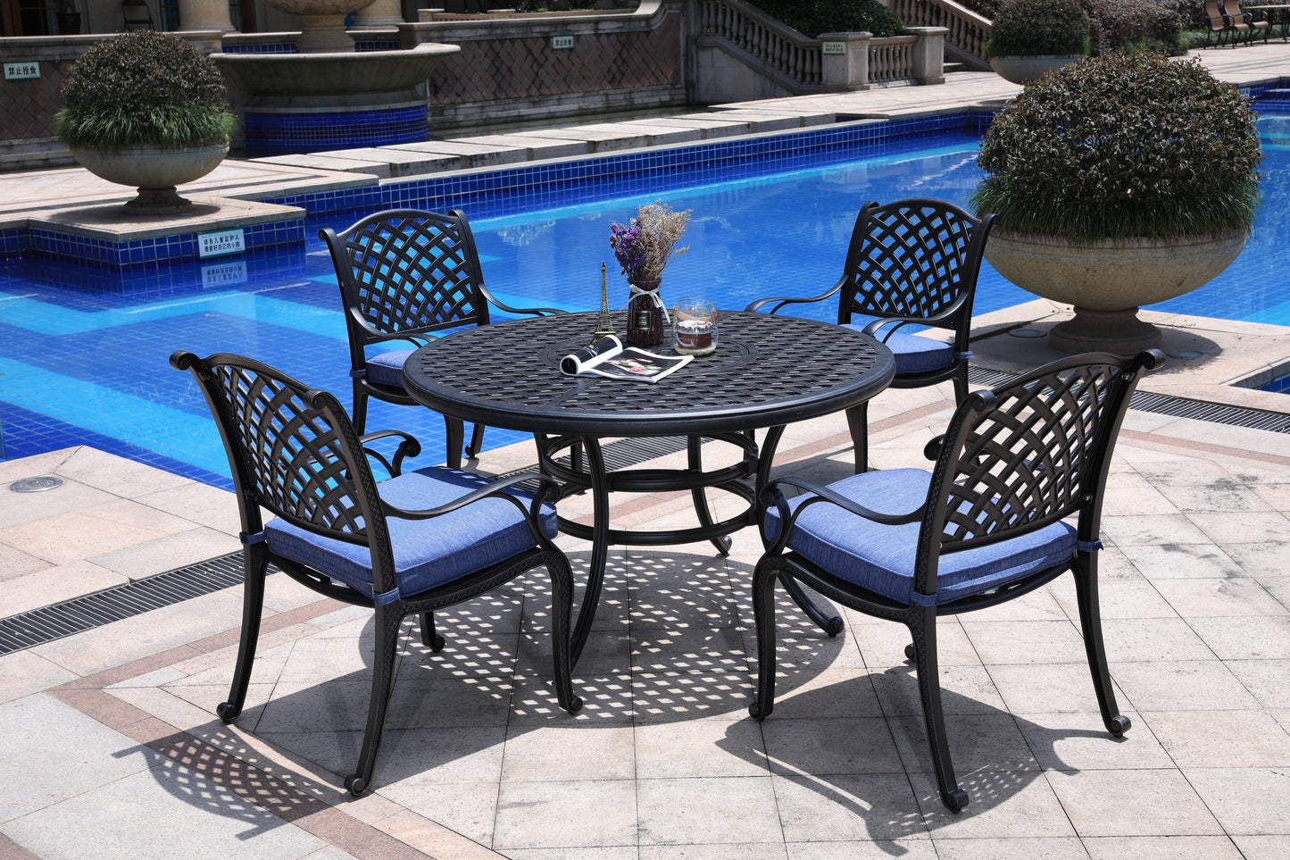 Round 4 - Person 51.97" Long Dining Set with Cushions, Navy Blue